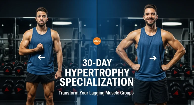 Before and after comparison showing a person's muscle transformation using 30-day hypertrophy specialization program for lagging muscle groups in modern gym setting