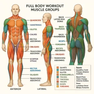 A color-coded anatomical illustration of the human male body showing front, side, and back views with major muscle groups targeted in full body workouts, labeled and organized by function.