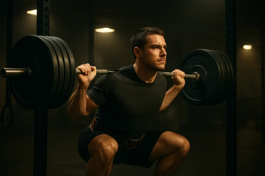 Determined male athlete in mid-squat position with heavy barbell across shoulders, displaying intense focus and proper form as he pushes through a challenging strength plateau in a dimly lit gym environment.