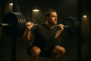Determined male athlete in mid-squat position with heavy barbell across shoulders, displaying intense focus and proper form as he pushes through a challenging strength plateau in a dimly lit gym environment.