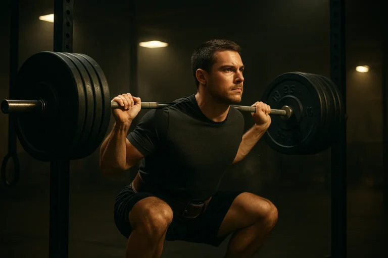 Determined male athlete in mid-squat position with heavy barbell across shoulders, displaying intense focus and proper form as he pushes through a challenging strength plateau in a dimly lit gym environment.