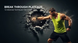 Muscular person punching through concrete wall with flying debris, representing breaking through hypertrophy plateaus in strength training