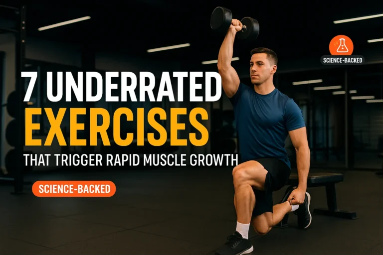A fit man performs a Bulgarian split squat with an overhead press using dumbbells in a modern gym, with bold text overlay reading "7 Underrated Exercises That Trigger Rapid Muscle Growth" and a "Science-Backed" badge.