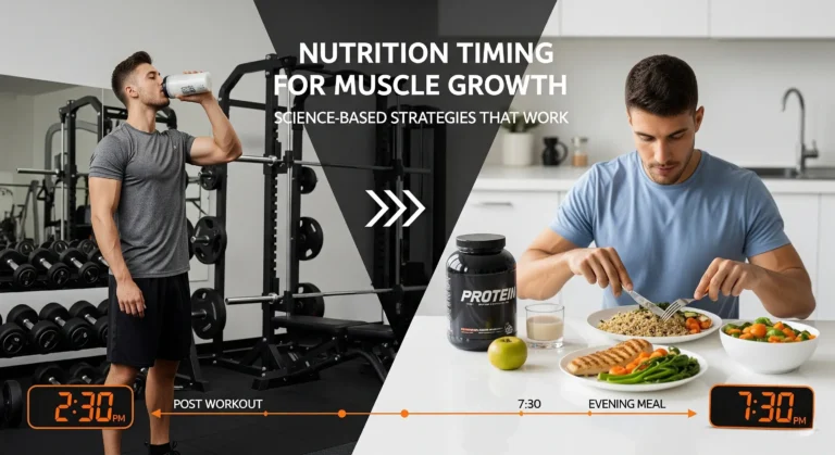 Split screen image showing optimal nutrition timing for muscle growth with athlete drinking protein shake post-workout and eating balanced meal, featuring visible clocks displaying different meal times