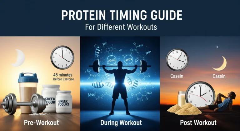 A split image illustrating protein timing for pre-workout, during-workout, and post-workout phases.