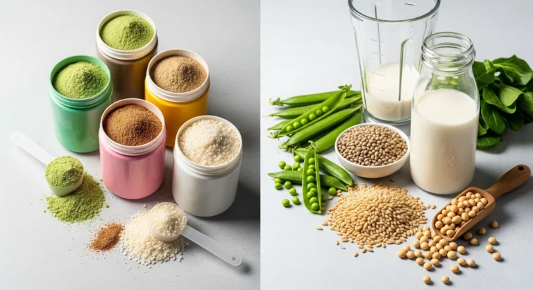 A split-screen image showing colorful plant-based protein powder containers and fresh plant protein sources.