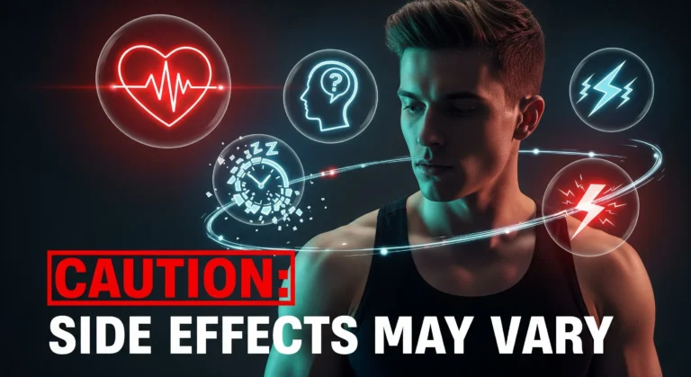 Split screen image showing energized athlete with pre-workout supplement contrasted with person experiencing side effects like headaches and heart palpitations, with warning icons and text overlay reading Pre-Workout Side Effects What to Watch Out For