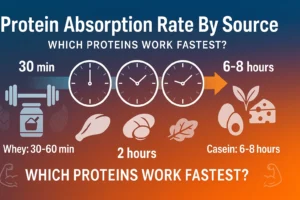 Infographic titled "Protein Absorption Rate By Source" with a blue-to-orange gradient background, showing illustrated clocks and icons representing different protein sources (whey, chicken, eggs, plant proteins, casein) and their respective absorption times.
