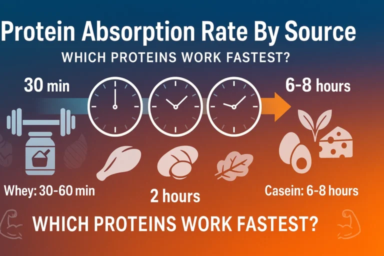 Infographic titled "Protein Absorption Rate By Source" with a blue-to-orange gradient background, showing illustrated clocks and icons representing different protein sources (whey, chicken, eggs, plant proteins, casein) and their respective absorption times.