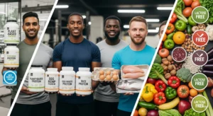 A diverse group of athletic men showcases various non-dairy protein sources and supplements.