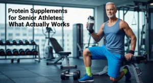 A fit senior athlete holds a protein shaker bottle in a modern gym.