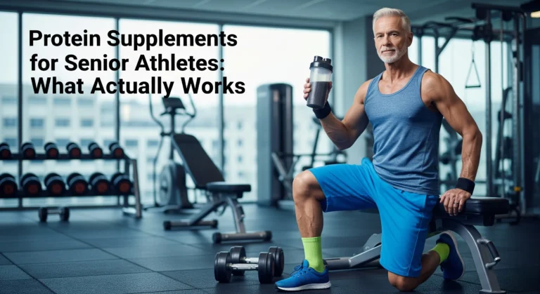 A fit senior athlete holds a protein shaker bottle in a modern gym.