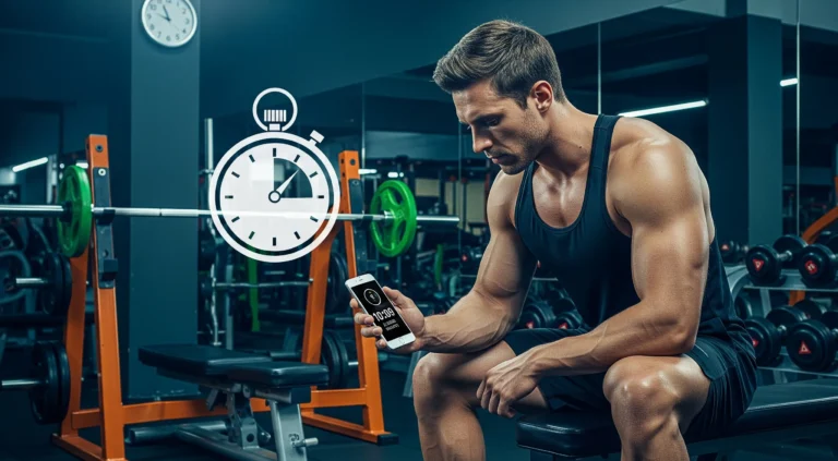 A muscular person checks a smartphone timer while resting on a gym bench, with gym equipment in the background.