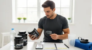 A fit man examines a protein powder container in a clean kitchen setting.