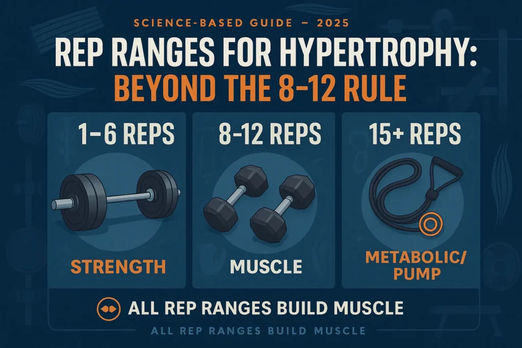 Infographic titled "REP RANGES FOR HYPERTROPHY: BEYOND THE 8-12 RULE" visually explains muscle-building rep ranges using illustrations of barbells, dumbbells, and resistance bands across three columns labeled 1-6 REPS (Strength), 8-12 REPS (Muscle), and 15+ REPS (Metabolic/Pump).