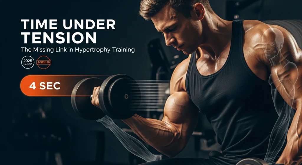 Muscular athlete performing slow controlled dumbbell bicep curl with 4 second timer overlay demonstrating time under tension technique for muscle building