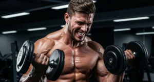 A muscular man with sweat on his face strains during a dumbbell bicep curl in a modern gym, embodying intense effort and proper form while training to failure.