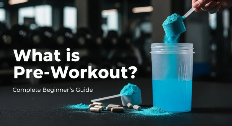 Colorful pre-workout supplement powder in scoop with shaker bottle and gym equipment, illustrating what is pre-workout for beginners
