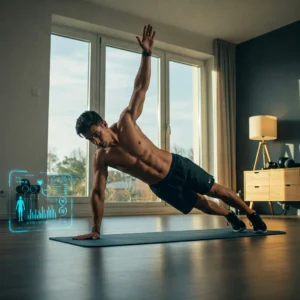 A fit, athletic man performs a one-arm plank push-up variation in a sunlit, modern home workout room with teal walls, wearing teal athletic wear. A futuristic holographic display beside him shows exercise time and form guidance.