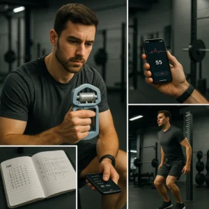 A composite image of a male athlete in a gym using a grip dynamometer, checking heart rate variability on a smartphone, performing a vertical jump test, and reviewing a training journal with RPE notes