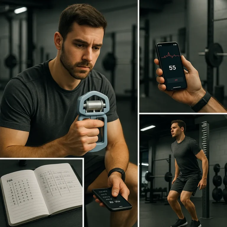 A composite image of a male athlete in a gym using a grip dynamometer, checking heart rate variability on a smartphone, performing a vertical jump test, and reviewing a training journal with RPE notes
