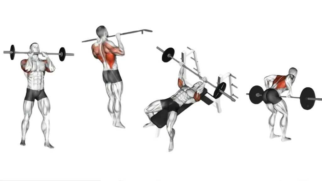 Man performing four compound exercises: bench press, pull-up, bent-over row, and overhead press, demonstrating proper form for upper body strength training