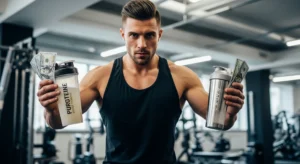 Person holding protein shake with dollar bills showing budget protein supplementing strategies for maximum muscle building results