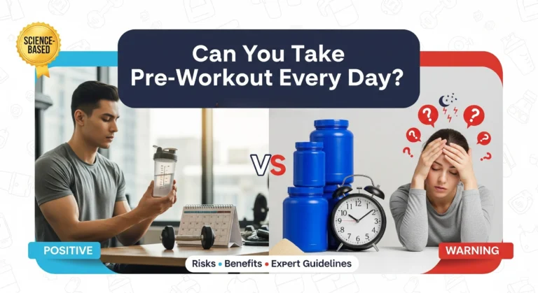 Split image showing measured pre-workout use with calendar versus multiple empty containers and warning signs, illustrating daily pre-workout safety concerns