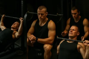 Athlete performing a challenging bench press repetition with proper form during a cluster set protocol