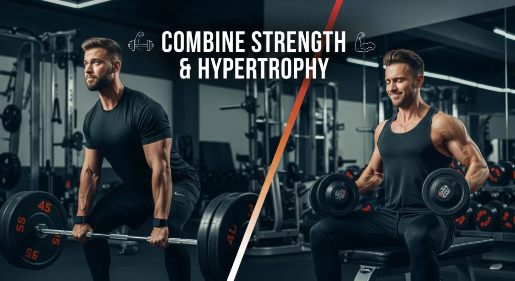 Athletic person demonstrating strength training with heavy barbell and hypertrophy training with dumbbells in modern gym, showing how to combine strength and hypertrophy training effectively