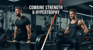 Athletic person demonstrating strength training with heavy barbell and hypertrophy training with dumbbells in modern gym, showing how to combine strength and hypertrophy training effectively