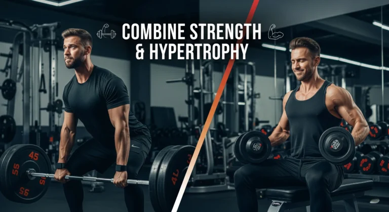 Athletic person demonstrating strength training with heavy barbell and hypertrophy training with dumbbells in modern gym, showing how to combine strength and hypertrophy training effectively