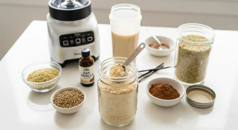Mason jar filled with homemade protein powder surrounded by natural ingredients including hemp hearts, cacao powder, and vanilla extract on bright kitchen counter with blender