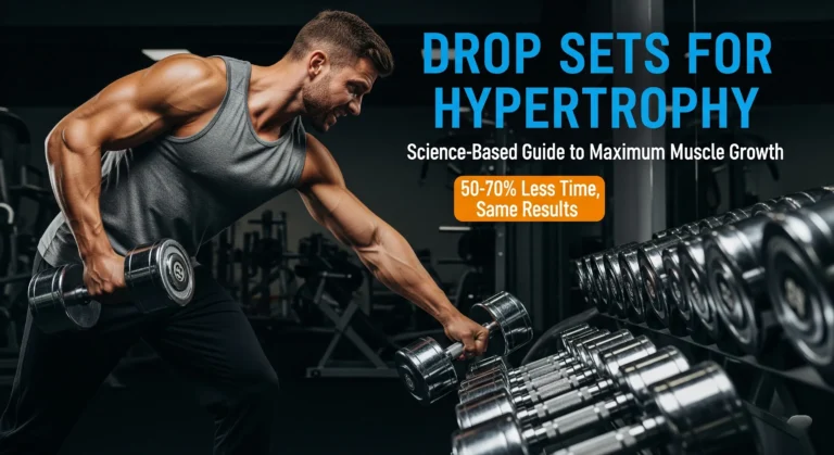 Athlete performing drop sets with descending dumbbell weights in gym demonstrating hypertrophy training technique for maximum muscle growth
