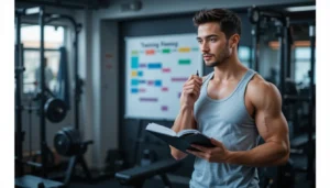 Fitness beginner planning workout in a gym with journal and training schedule.