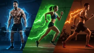 A dynamic digital illustration comparing three fitness goals—strength, endurance, and HIIT—each paired with ideal pre-workout supplements. A muscular lifter is surrounded by blue electric energy with labels like creatine and beta-alanine; a runner radiates green energy with electrolytes and citrulline; and a HIIT athlete emits orange bursts of energy, highlighting a balanced formula. Below, time icons indicate timing protocols beneath supplement containers labeled by goal.