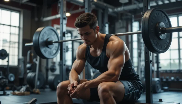 Focused strength athlete resting on a bench in a gym between heavy squat sets, with a stopwatch visible and a loaded barbell in the background, conveying deliberate recovery