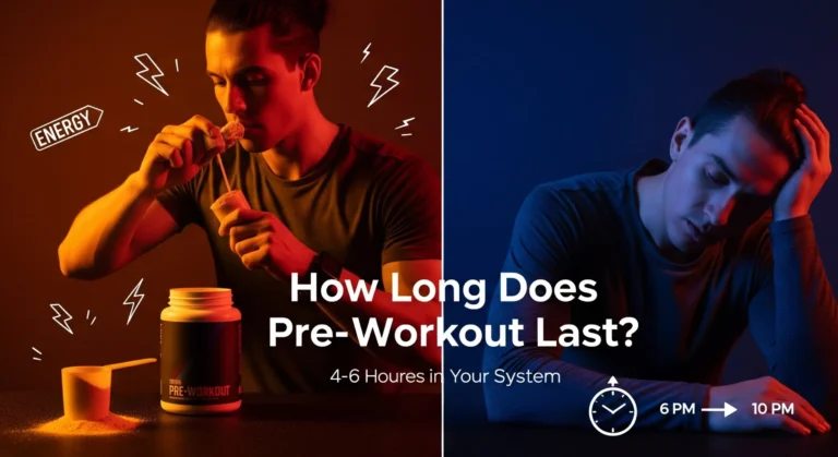 Split image showing person taking pre-workout supplement during day and feeling restless at night, illustrating how long pre-workout lasts in your system with clock showing 4-6 hour duration