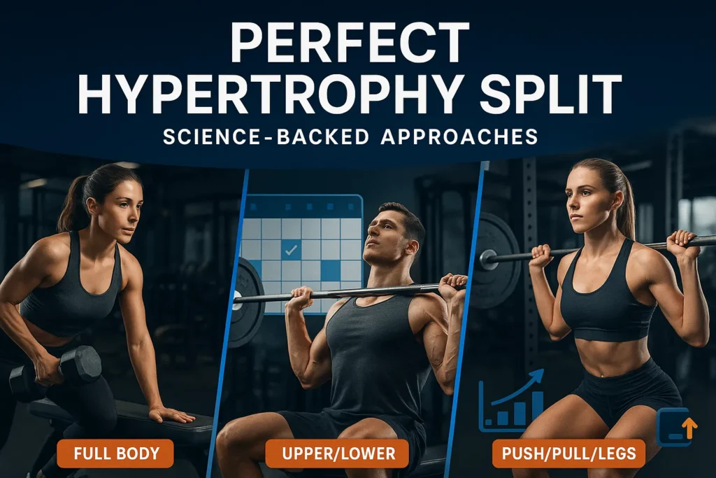 A triptych image showcasing three hypertrophy workout splits: full body, upper/lower, and push/pull/legs. Each section features a fit athlete performing exercises in a modern gym, with a weekly workout calendar and performance graph overlayed.