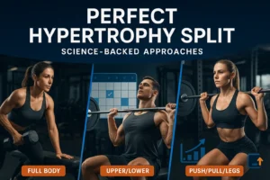 A triptych image showcasing three hypertrophy workout splits: full body, upper/lower, and push/pull/legs. Each section features a fit athlete performing exercises in a modern gym, with a weekly workout calendar and performance graph overlayed.