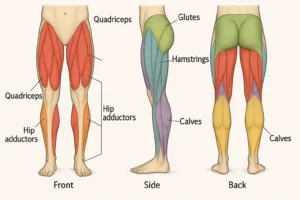 Color-coded anatomical diagram of the human lower body showing quadriceps (red), hamstrings (blue), glutes (green), calves (yellow), hip adductors (purple), and hip abductors (orange) with labeled front, side, and back views.