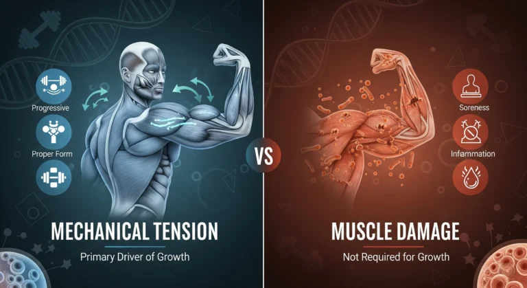 Scientific comparison illustration showing mechanical tension versus muscle damage as drivers of muscle hypertrophy, with muscle fibers and force vectors demonstrating the primary role of tension in muscle growth