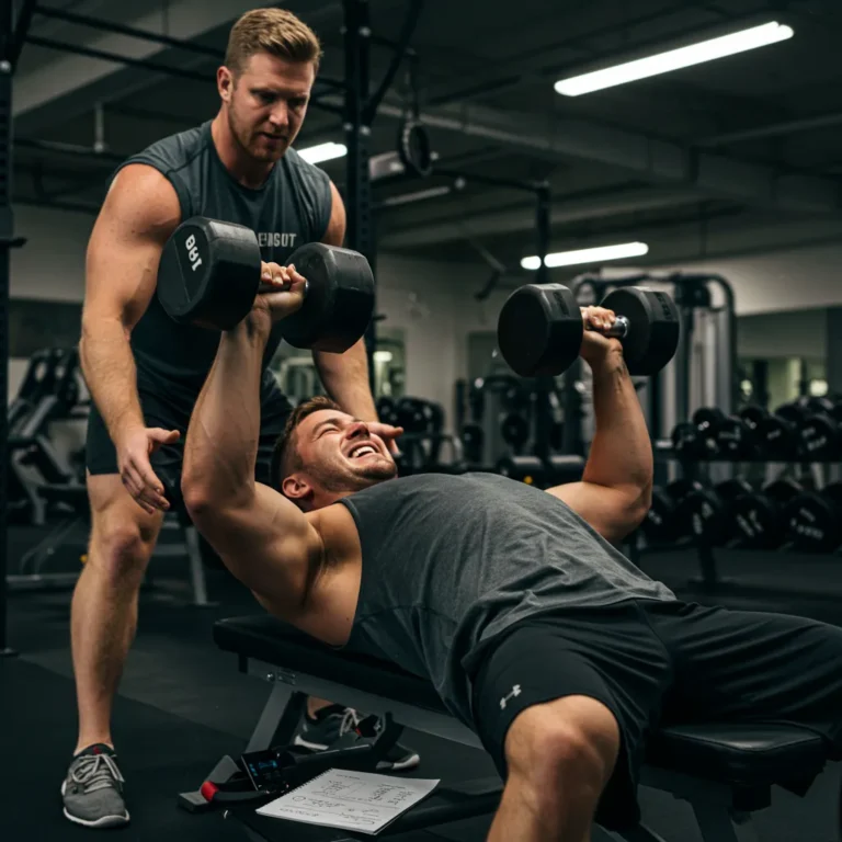 Weightlifter reaching muscle failure during dumbbell exercise with spotter providing assistance and safety