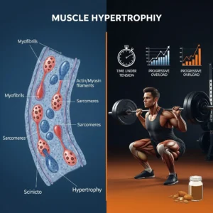 Side-by-side comparison: detailed scientific illustration of muscle fiber hypertrophy with cellular components labeled (Myofibrils, Actin/Myosin filaments, Sarcomeres, Nuclei, Hypertrophy) on the left, juxtaposed with a fit individual performing a barbell squat with visible muscle engagement and perfect form on the right. Overlayed subtle icons include a stopwatch labeled "Time Under Tension," a rising bar graph labeled "Progressive Overload," and a jar of almonds representing nutrition. The background uses a modern blue and orange color scheme