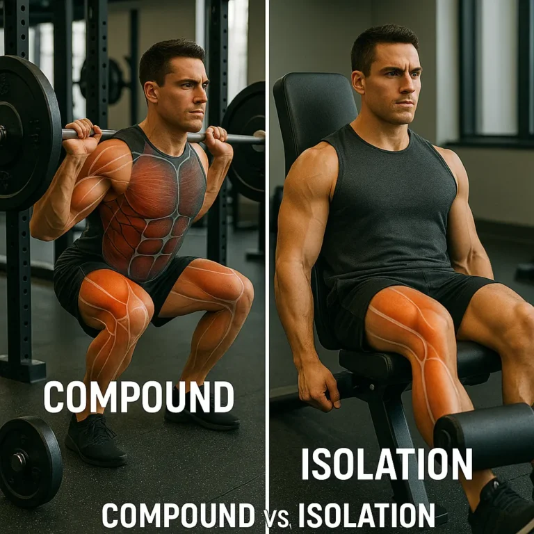 Split-screen comparison of an athlete performing a compound barbell squat and an isolation leg extension exercise