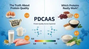 Infographic comparing protein quality scores showing high PDCAAS proteins like eggs and whey (1.0 score) versus lower scoring plant proteins with PDCAAS scale from 0 to 1.0