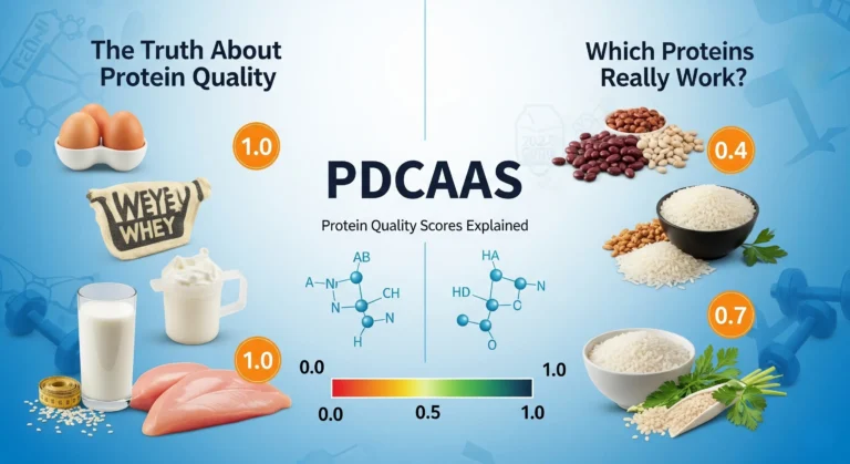 Infographic comparing protein quality scores showing high PDCAAS proteins like eggs and whey (1.0 score) versus lower scoring plant proteins with PDCAAS scale from 0 to 1.0