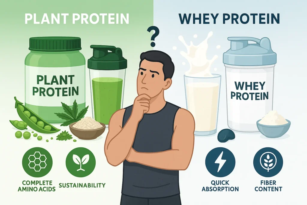Split-screen illustration comparing plant protein and whey protein with a fitness enthusiast in the center, green-themed plant protein side showing peas, hemp, soy, rice, and a green shake; blue-themed whey protein side showing milk splash, whey powder, and a creamy shake; benefit icons below.