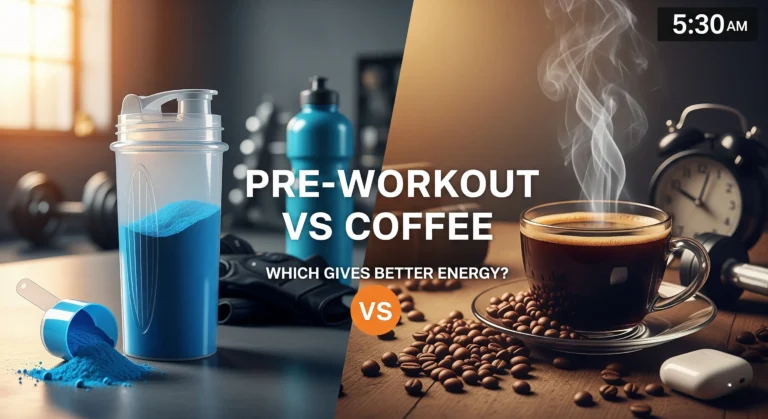 Pre-workout supplement powder in shaker bottle next to steaming coffee cup showing energy options for workouts