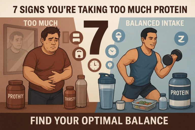 Split-screen semi-realistic illustration showing the effects of excessive protein powder intake versus balanced consumption, with one person appearing bloated and unwell on the left and fit and energetic on the right.